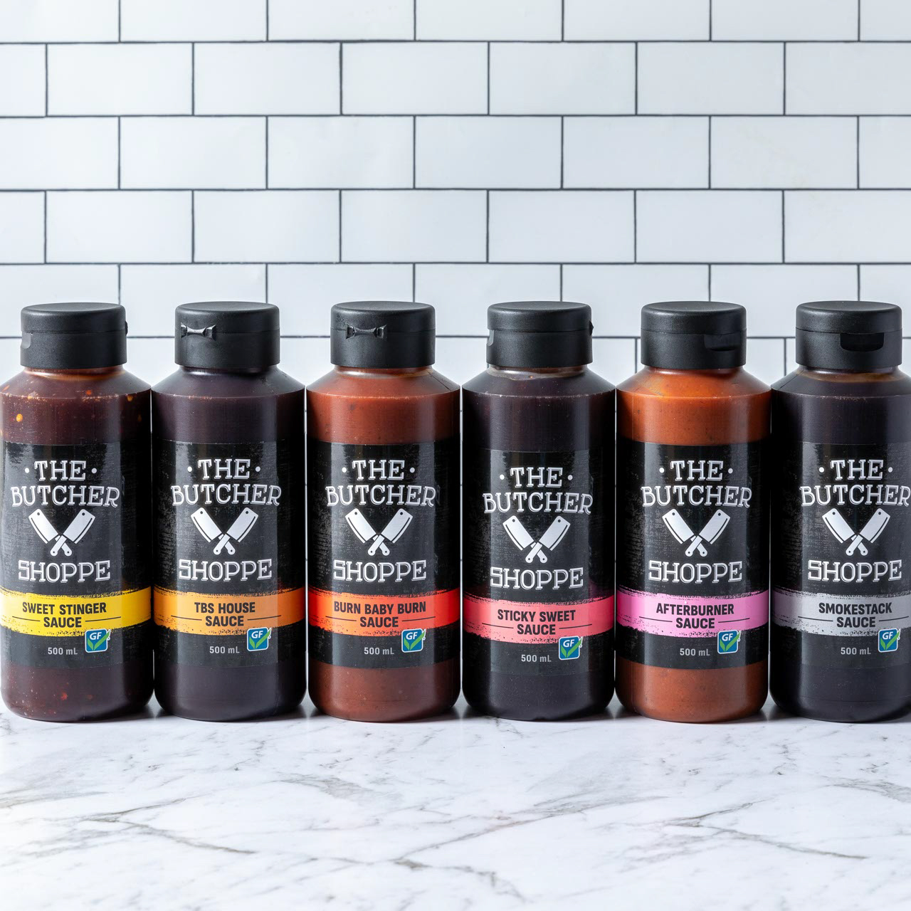 Sauce lineup. Consistent labels and tones.